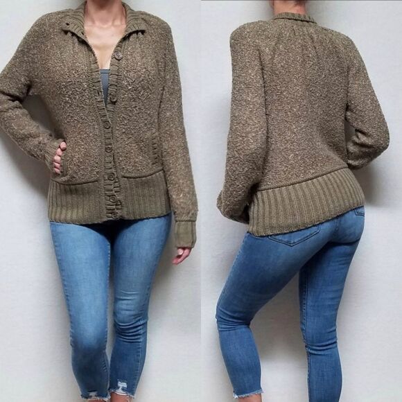 𝅺RARE Retro Moda International Brown Popcorn Boucle Wool Blend Ribbed Cardigan - Picture 1 of 15
